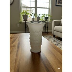 HAZEL ATLAS Milk Glass Vase 5.75" Diamond Quilt Pattern